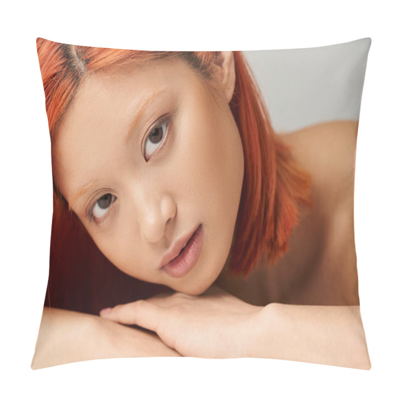 Personality  Close Up Portrait Of Alluring Asian Woman With Perfect Skin Posing On Grey Backdrop, Feminine Grace Pillow Covers