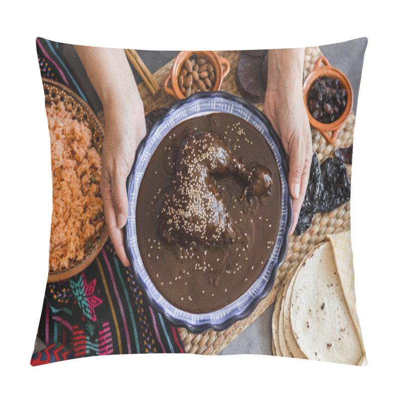 Personality  Mexican Woman Cooking Mole Poblano Sauce With Chicken Traditional Food In Mexico Latin America Pillow Covers