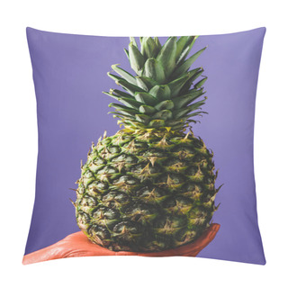 Personality  Cropped View Of Woman Holding Ripe Pineapple In Coral Colored Hand On Blue Background, Color Of 2019 Concept Pillow Covers