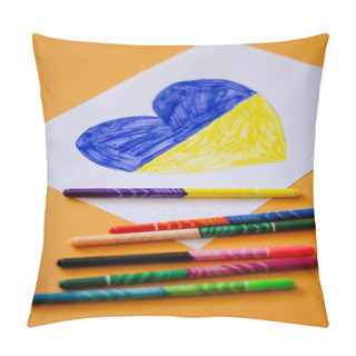 Personality  High Angle View Of Felt Pens Near Paper With Drawn Heart And Ukrainian Flag On Yellow  Pillow Covers