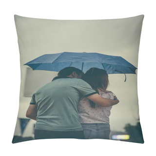 Personality  A Vertical Shot Of A Male Hugging A Female Under A Blue Umbrella Captured On A Rainy Day Pillow Covers