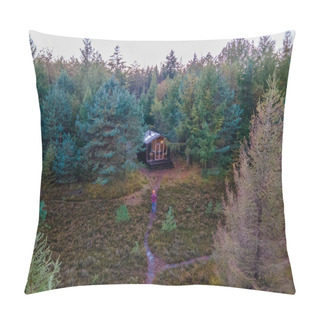 Personality  Wooden Hut In Autumn Forest In The Netherlands, Cabin Off Grid ,wooden Cabin Circled By Colorful Yellow And Red Fall Trees Pillow Covers