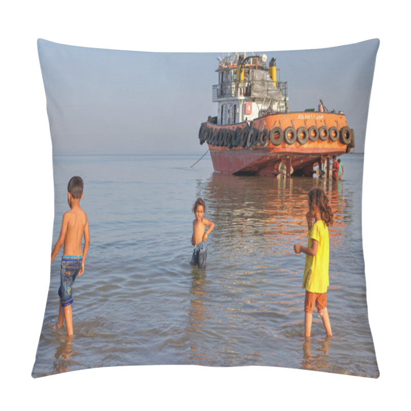Personality  Girls And Boy Playing On Shallows Of Persian Gulf. Pillow Covers