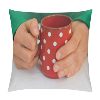 Personality  Woman Holding A Red Coffee Cup With White Polka Dots On A White  Pillow Covers