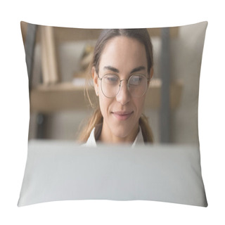 Personality  Close Up Of Smiling Girl Busy Using Laptop At Home Pillow Covers
