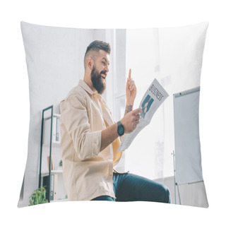 Personality  Cheerful Businessman Reading Newspaper In Modern Office Pillow Covers