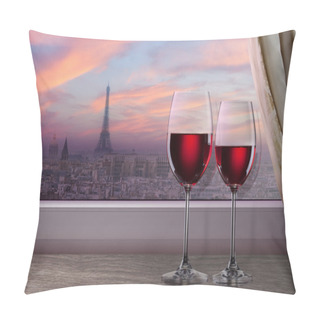 Personality  View Of Paris And Eiffel Tower On Sunset From Window With Two Gl Pillow Covers