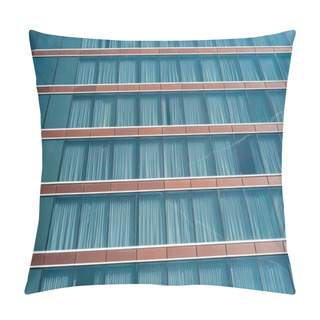 Personality  Close-up Modern High Rise Hotel With Glass Wall Blackout Curtains Against Sunny Cloud Blue Sky In Texas, Lookup View Office Building, Skyscraper, Futuristic Looking Architecture. USA Pillow Covers