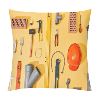 Personality  Flat Lay With Industrial Tools, Bricks And Helmet On Yellow Background Pillow Covers