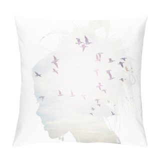 Personality  Womans Head And Birds Flying, Double Exposure, Freedom And Liberty  Background. Beauty Is A Gift From Nature, Pillow Covers