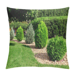 Personality  Landscaping Garden With Stones Scattered Wave With Green Bushes Of Evergreen Thuja And Green Lawn On A Sunny Summer Day. Pillow Covers