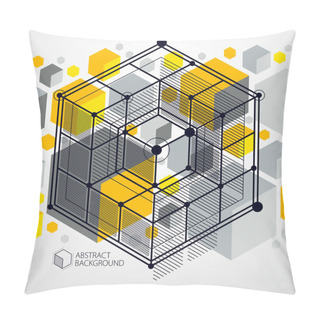 Personality  Vector Of Abstract Geometric 3D Cube Pattern And Yellow Background. Layout Of Cubes, Hexagons, Squares, Rectangles And Different Abstract Elements. Pillow Covers