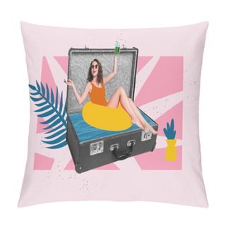 Personality  Collage Picture Of Funky Mini Girl Swim Inflatable Circle Inside Valise Hold Cocktail Glass Pineapple Plant Leaves Isolated On Painted Background. Pillow Covers