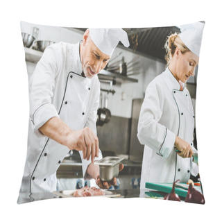 Personality  Focused Male And Female Chefs In Uniform Preparing Food In Restaurant Kitchen Pillow Covers