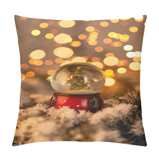 Personality  Little Snowball With Christmas Tree Standing In Snow With Golden Lights Bokeh Pillow Covers