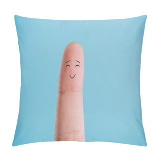 Personality  Cropped View Of One Finger With Smiling Face Isolated On Blue Pillow Covers