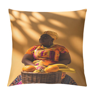 Personality  Middle Aged African American Saleswoman Sitting Near Fruits On Orange Pillow Covers