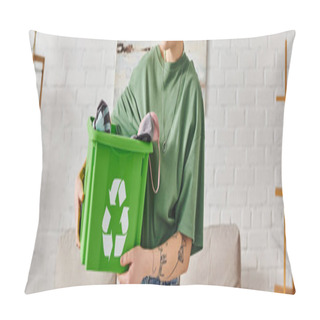 Personality  Partial View Of Young Tattooed Woman In Casual Clothes Holding Green Recycling Bin With Garments In Modern Living Room, Sustainable Living And Environmentally Friendly Habits Concept, Banner Pillow Covers