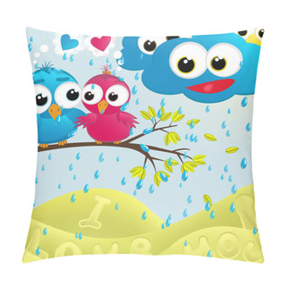 Personality  Birds Couple Under The Rain.Vector Illustration Pillow Covers