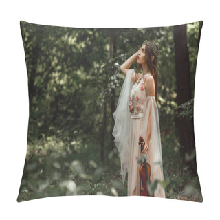 Personality  Mystic Elf Character In Flower Dress Holding Violin In Green Forest Pillow Covers