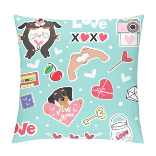 Personality  Dachshund Dog, Hearts And Pop Art Elements Seamless Pattern For Valentine's Day. Vector Illustration Pillow Covers