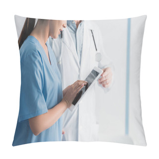 Personality  Cropped View Of Nurse Using Digital Tablet Near Doctor In Clinic  Pillow Covers