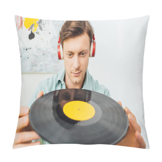 Personality  Selective Focus Of Handsome Man In Headphones Holding Vinyl Record In Living Room Pillow Covers