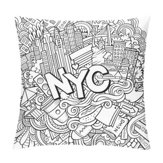 Personality  Cartoon Cute Doodles Hand Drawn New York Contour Illustration. Line Art Detailed, With Lots Of Objects Background. Funny Vector Artwork Pillow Covers