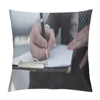 Personality  Businessman Signs A Contract. Holding Pen In Hand. Pillow Covers