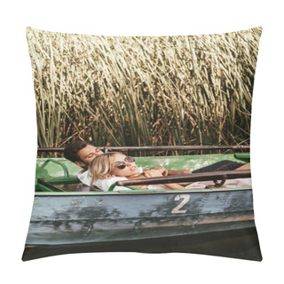 Personality  Young Couple Relaxing In Boat On River Near Thicket Of Sedge Pillow Covers