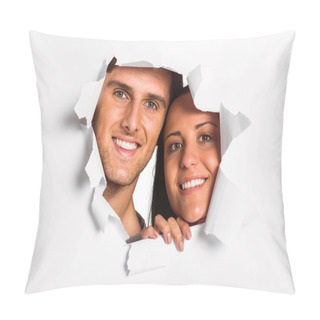 Personality  Young Couple Looking Through Paper Rip Pillow Covers