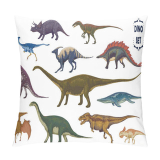 Personality  Dinosaurs Cartoon Collection, Colorful Set Of Fantasy Cute Monsters, Animals And Prehistoric Character: Diplodocus, Tyrannosaurus Rex, Pterodactylus. Hand Drawn Vector Illustration. Pillow Covers