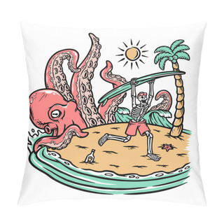 Personality  Octopus Attack Skull On Beach Illustration Pillow Covers