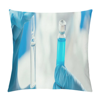 Personality  Partial View Of Biochemist Holding Glass Container With Blue Liquid And Ampule  Pillow Covers