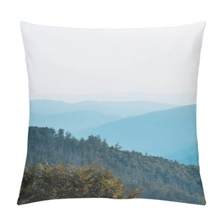 Personality  Blue Silhouette Of Mountains Near Fir Trees On Hill Pillow Covers