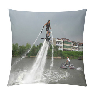 Personality  Xu Furong Makes A Flying Perfomance By Using The JetLev-Flyer On A Canal In Haining City, East Chinas Zhejiang Province, 27 August 2012 Pillow Covers