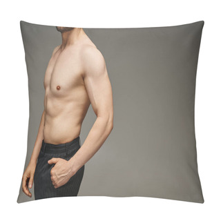 Personality  Cropped Photo Of Shirtless Man With Bare Chest Posing In Pinstripe Pants On Grey Background Pillow Covers