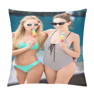 Personality  Beautiful Young Embracing Women In Swimsuit And Bikini Eating Popsicles At Poolside Pillow Covers
