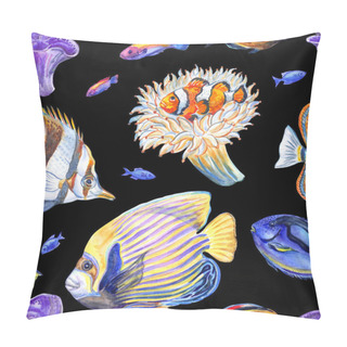 Personality  Seamless Pattern Of Sea Fish, Corals And Anemones On A Black Background, Watercolor Illustration, Print For Fabric And Various Designs. Pillow Covers