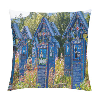 Personality  SAPANTA, MARAMURES, ROMANIA - SEPTEMBER 18, 2020: The Merry Cemetery, Famous In The World For Its Colourful Wood Tombstones, With Naive Paintings Describing The People Who Are Buried There. Pillow Covers