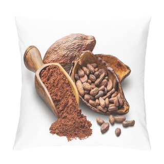 Personality  Cacao Beans Fruit And Powder Isolated On White Background Deep Focus Pillow Covers