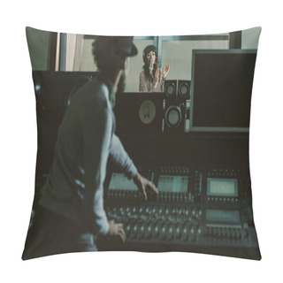 Personality  Sound Producer In Hat Recording Song At Dark Studio Pillow Covers