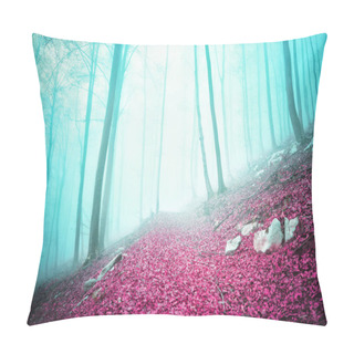 Personality  Fantasy Colored Autumn Season Foggy Forest Scene With Path Pillow Covers
