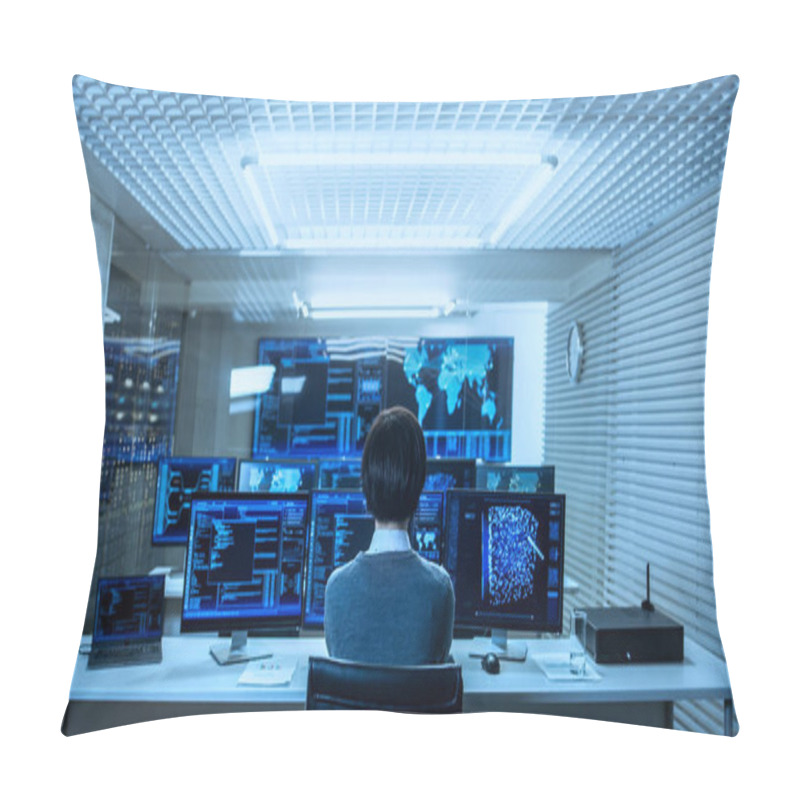 Personality  Back View Of The IT Engineer Working With Multiple Monitors Showing Graphics, Functional Neural Network. He Works In A Technologically Advanced System Control Data Center. Pillow Covers