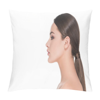 Personality  Side View Of Beautiful Young Woman With Pony Tail Isolated On White Pillow Covers
