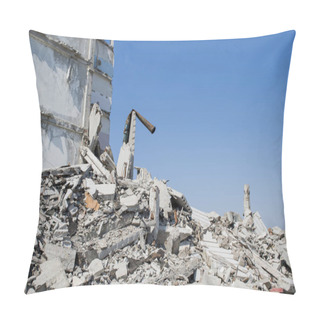 Personality  The Remains Of The Destroyed Building Of A Large Industrial Facility On The Background Of Blue Sky. Background Pillow Covers