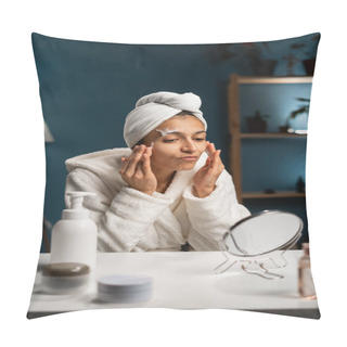 Personality  Beautiful Hispanic Woman Is Cleaning Face With Cleansing Foam Looking In Mirror. Copy Space Pillow Covers