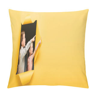 Personality  Kids Pointing Away With Fingers Through Hole On Yellow Background, Banner Pillow Covers