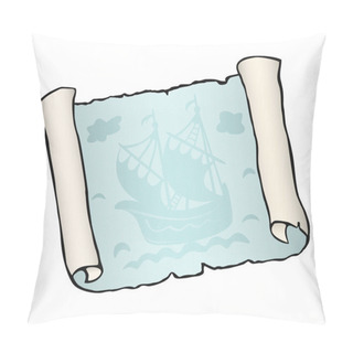 Personality  Sketch Of Ancient Scroll With Ship, Isolated On White Background, Sailboat Floating On Blue Waves. Pillow Covers