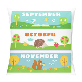 Personality  Autumn Months Calendar Flashcards Set. Nature And Symbols Illustrations Pillow Covers